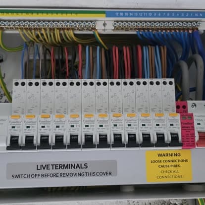 A modern FuseBox consumer unit installed and labelled