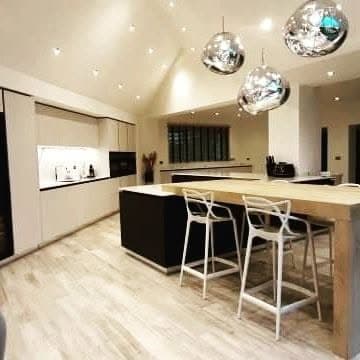 Modern kitchen with island and chrome pendant lighting